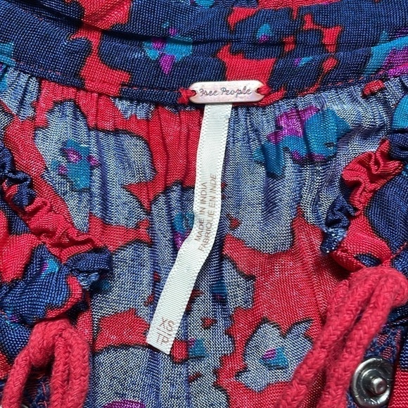 Free People Love Letter Boho Tunic Top Longsleeve Button down Blouse Blue Red XS - Picture 9 of 9